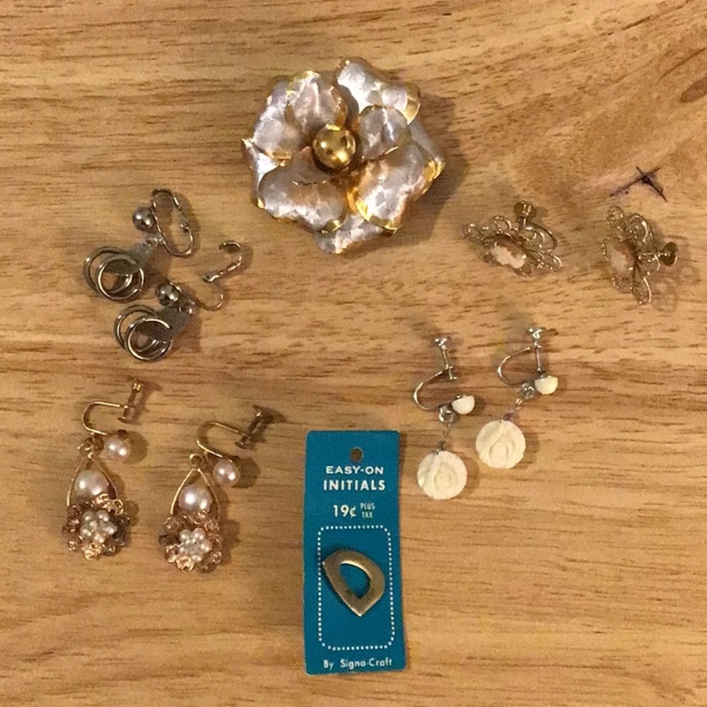 Vintage clip on or screw earrings and brooch.